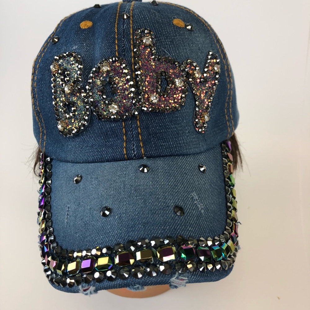Denim distressed cap with rhinestones
